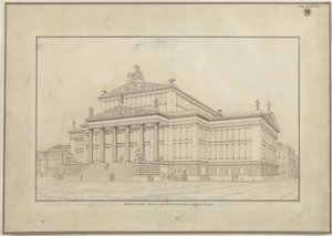 Berlim. Teatro no Gendarmenmarkt. Vista em perspetiva da fachada de Karl Friedrich Schinkel