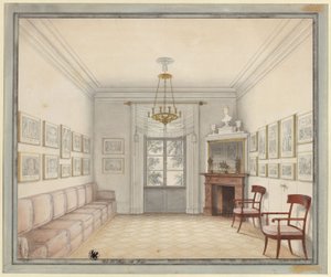 Berlim. Palácio de Charlottenburg, parque do palácio, Pavilhão Novo (Pavilhão Schinkel). Vista da Sala Branca como modelo para a conceção das salas do piso superior de Karl Friedrich Schinkel