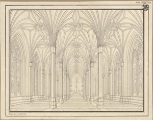 Berlim, Spittelmarkt. Projecto para a igreja de Santa Gertrudes. Vista interior, através da nave em direcção ao coro de Karl Friedrich Schinkel