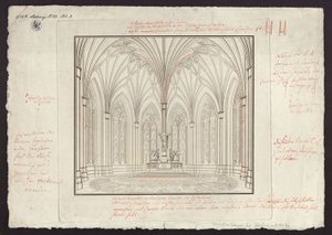 Berlim, Spittelmarkt. Projecto para a igreja de Santa Gertrudes. Vista interior do coro, com correcções de Karl Friedrich Schinkel