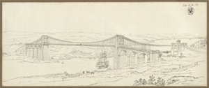 Vista da ponte suspensa sobre o estreito de Menai, perto de Bangor, no País de Gales de Karl Friedrich Schinkel
