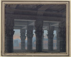 A Flauta Mágica. Ópera de Wolfgang Amadeus Mozart. Estudo para o 8.º cenário. Vestíbulo do labirinto de Karl Friedrich Schinkel