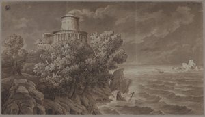 Costa marítima rochosa com um farol de estilo antigo em mar agitado de Karl Friedrich Schinkel