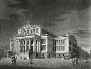 Alemanha, Berlim, Vista do Schauspielhaus (sala de concertos), gravura de Karl Friedrich Schinkels (1781-1841) de Karl Friedrich Schinkel