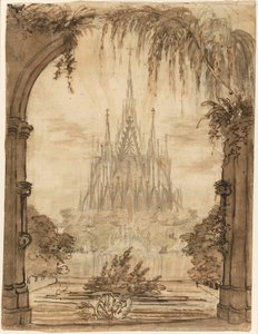 Catedral gótica atrás de uma lagoa com cisnes de Karl Friedrich Schinkel