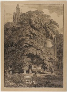 Igreja gótica atrás de um bosque de carvalhos com túmulos de Karl Friedrich Schinkel