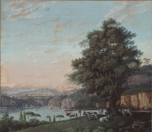 Paisagem ideal italiana com árvore, rebanho e montanhas de Karl Friedrich Schinkel