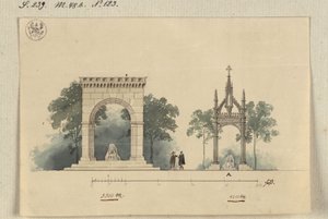 Lützen. Projecto para um monumento ao rei Gustavo II Adolfo da Suécia como salão de arcadas aberto nos quatro lados e como tabernáculo sobre a pedra sueca de Karl Friedrich Schinkel