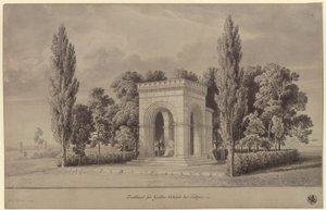 Lützen. Projecto para um monumento ao rei Gustavo II Adolfo da Suécia, em forma de salão românico sobre a Pedra Sueca, com abside anexa. Vista de Karl Friedrich Schinkel