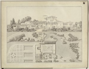 Potsdam-Sanssouci. Termas romanas junto ao Palácio de Charlottenhof. Vista do oeste e planta da casa do jardineiro de Karl Friedrich Schinkel