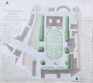 Redesenhar o Lustgarten, 1828 (wc e caneta e tinta no papel) de Karl Friedrich Schinkel