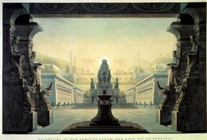 Decoração do Teatro: Decoração para a ópera "La Flauta Encante (Die Zauberflote) de Wolfgang Amadeus Mozart, sobre um libreto de Emanuel Schikaneder. Desenho de Karl Schinkel (1781-1841) de Karl Friedrich Schinkel