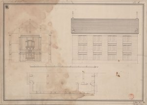 Tillendorf (Bolesławice, distrito de Liegnitz). Projecto para a igreja protestante. Planta, alçado da fachada lateral e corte transversal de Karl Friedrich Schinkel