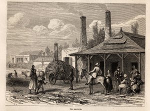 Uma fábrica de açúcar da Riviere du Rempart, na Maurícia, desenho de Karl Girardet (1813-1871), para ilustrar a estadia de Alfred Verney na Maurícia, em 1861. Gravura em "Le tour du monde", editado por Edouard Charton