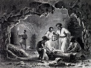 Descobertas arqueológicas em grutas de Samoun, gravura baseada no desenho de Karl Girardet (1813-1871)
