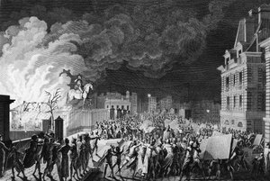 O primeiro da revolução francesa: Incêndio do corpo de guarda na Pont Neuf, em Paris, a 29 de Agosto de 1788. Desenho e gravura por Girardet. Paris, Biblioteca do Instituto de História da Revolução