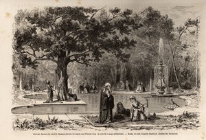 O lenço das mulheres do serail em Flamour-Javuzu (Flavour Javuzu), no palácio de Constantinopla (actual Itamboul), Turquia, desenho de Karl Girardet (1813-1871), para ilustrar uma visita ao serail em 1860, por uma mulher anónima. Gravura em "