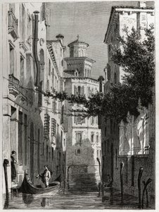O palácio de Bianca Cappello em Venezia, Veneza. desenho de Karl Girardet (1813-1871), para ilustrar a viagem de Adalbert de Beaumont a Veneza, por volta de 1850. Gravura em "Le tour du monde", editado por Edouard Charton de Karl Girardet