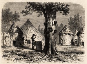 A árvore da guerra, numa aldeia de Djour, região de Bahr-el-Gazal, Sudão, desenho de Karl Girardet (1813-1871) para ilustrar a viagem ao rio das gazelas de A. Bolognesi, em 1856-1857. Gravura em "Le tour du monde", editado por Edouard Charton de Karl Girardet
