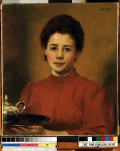 "Uma mulher de vermelho" Retrato de uma mulher carregando um tabuleiro com uma chávena de chá de prata Pintura de Karl (Carl) Gusov (1843-1907) 1904 Mikalojus Konstantinas Ciurlionis Museum of Fine Arts, Kaunas, Lituânia