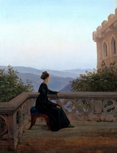 "Portrait de femme sur une terrasse" ( Mulher na Varanda) Peinture de Carl Gustav Carus (1789-1869) Óleo sobre tela 1824 Dim 42x32 cm State Art Gallery, Dresde