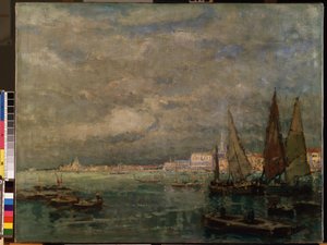 ""Vista de veleiros na lagoa de Veneza"" (Blick auf Venedig mit Segelbooten). Pintura de Karl (Carl) Hagemeister (1848-1933) 1926 Dim. 51x71 cm Museu de Belas Artes Mikalojus Konstantinas Ciurlionis, Kaunas, Lituânia de Karl Hagemeister