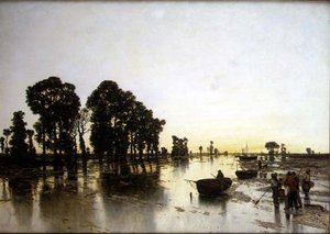 Uma extensa paisagem inundada com camponeses