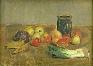 Ainda Vida. Maçãs, alho-poró, bananas e jarra verde
