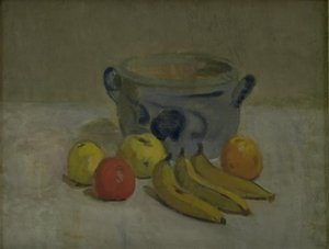Natureza morta com frasco cinza, maçãs e bananas de Karl Isakson