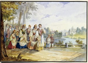 Raparigas Camponesas Russas com Vestido do Festival. Obra de Karl Ivanovich Kolmann (1786-1846), aguarela sobre papelão