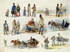 Tipos populares da Rússia. Obra de Karl Ivanovich Kolmann (1786-1846), aguarela sobre papelão