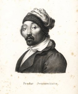 Feodor Jwanowitsch, nómada de Kalmyk raptada pelos russos, que mais tarde se tornou pintor e gravador de chapas de cobre. Litografia de Karl Joseph Brodtmann de Heinrich Rudolf Schinz, Ilustrado História Natural de Homens e Animais de Karl Joseph Brodtmann
