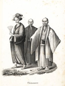 oiran japonês e samurai. Cortesão japonesa em quimono com leque e ornamentos de cabelo, e dois samurais japoneses em penteado de chonmage usando montsuki sobre hakama com duas espadas (katana) nos seus cintos. (Título Chinês por engano.) Litografia de Karl