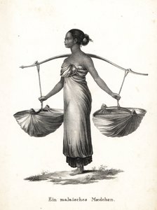Rapariga malaia com cabelo amarrado com sapatilhas de um jugo. Litografia de Karl Joseph Brodtmann de Heinrich Rudolf Schinz