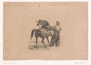 Cavalo e homem de pé em roupas otomanas Cavalos e Cavaleiros (título da série)