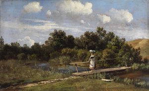 Paisagem de verão com uma lavadeira em uma ponte