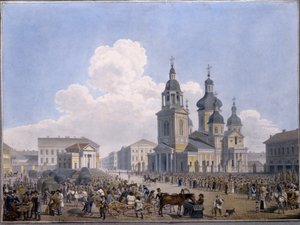 O Hay-market Place e a Igreja da Assunção em São Petersburgo - Obra de Karl Petrovich Beggrov (1799-1875), aquarela sobre papel (10,3x15,1 cm),1820-1830 - State Russi
