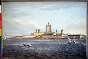 O convento Smolny, em São Petersburgo (O convento Smolny em São Petersburgo). Desenho de Karl Petrovich Beggrov (1799-1875). aquarela sobre papel