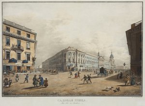 Vista da Rua Sadovaya em São Petersburgo - Karl Petrovich Beggrov (1799-1875). Litografia, aguarela