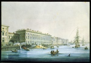 Vista do aterro do palácio em São Petersburgo. Pintura de Karl Petrovich Beggrov (1799-1875). Aguarela e tinta sobre papel, ca. 1830, arte russa do século XIX, classicismo. Museu Estatal Russo, Saint Pet