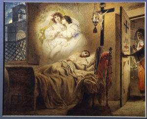 Pesadelo de uma freira. Uma jovem freira adormecida sonha com um caso amoroso, enquanto a madre superiora abre a porta de sua cela. Obra de Karl Pavlovich Briullov (Briullov) (1799-1852), aquarela sobre papelão