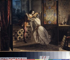 Romeu e Julieta. Um homem a subir uma varanda para se encontrar com uma mulher num encontro secreto. Pintura de Karl Pavlovich Briullov (Briullov) (1799-1852). Aguarela a bordo, ca. 1830, 23,2 x 31,5 cm, art rus de Karl Pavlovich Bryullov
