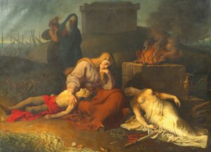 Hecabe com os cadáveres de seus filhos Polyxena e Polydoros no túmulo de Aquiles