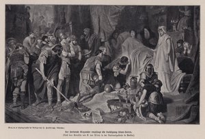 O moribundo Alexandre o Grande recebendo a homenagem do seu exército, Babilónia, 323 AC (litho) de Karl Theodor von Piloty