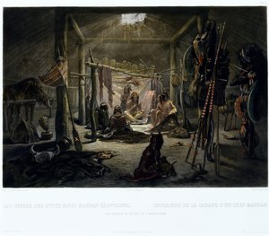 O Interior da Cabana de um Chefe Mandan, gravado por Narcisse Edmond Desmadryl (n.1801) c.1835 (gravura com aquatint) de Karl after Bodmer
