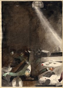 ""Le the de cinq heures a la morgue"" (Chá das cinco horas no necrotério) Gravure de Karlis Padegs (1911-1940) - 1935 Dim 34x24 cm Museu de Arte do Estado da República Letônia, Riga Lettonie