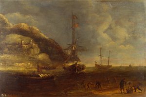 Vista Costeira com Navegação e Pescadores em Primeiro Plano (óleo no painel) de Kasper van Eyck