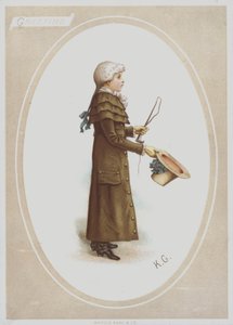 Rapaz de casaco comprido castanho, com peruca, e chapéu e chicote de caça (cor litho) de Kate (after) Greenaway