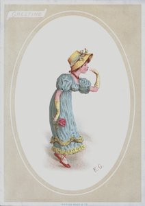 Rapariga de vestido azul, com touca de palha, com rosa (cor litho) de Kate (after) Greenaway