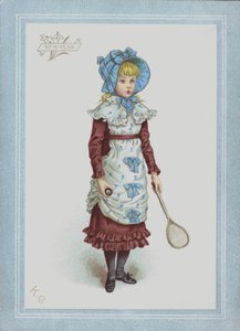 Rapariga de vestido e touca, segurando a peteca e a raquete (cor litho) de Kate (after) Greenaway